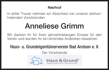 Traueranzeige von Anneliese Grimm von HNA