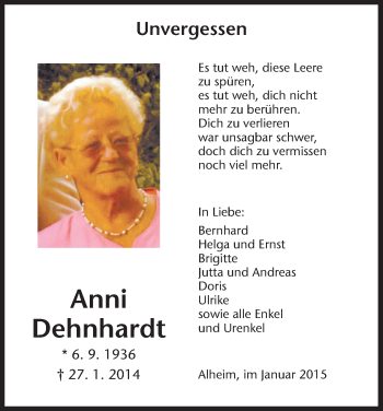 Traueranzeige von Anni Dehnhardt von HNA