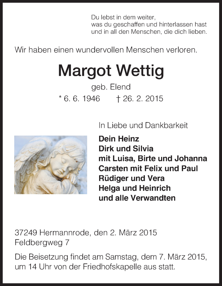  Traueranzeige für Margot Wettig vom 02.03.2015 aus HNA