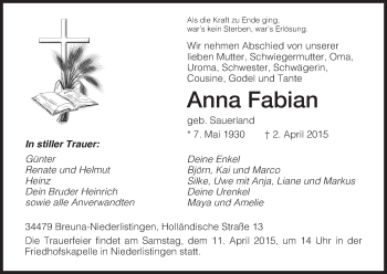 Traueranzeige von Anna Fabian von HNA