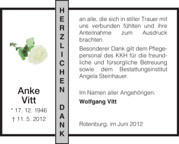Traueranzeige von Anke Vitt von HNA