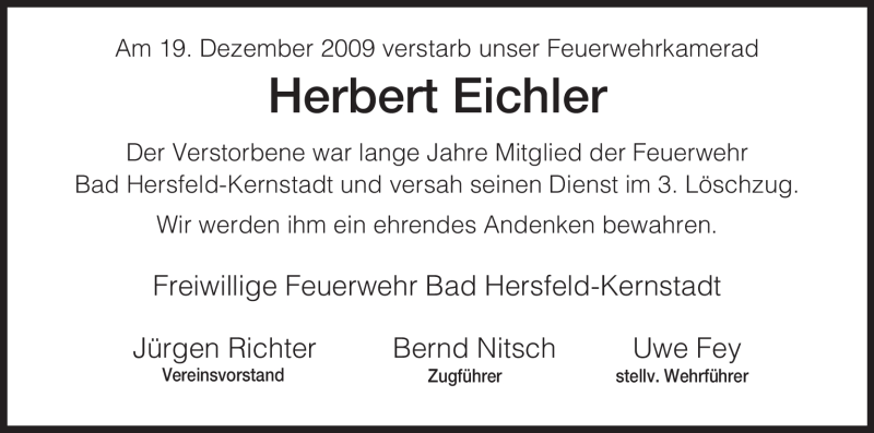  Traueranzeige für Herbert Eichler vom 22.12.2009 aus HNA