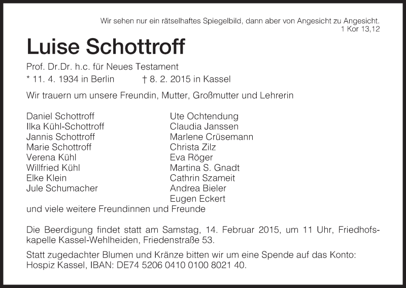  Traueranzeige für Luise Schottroff vom 11.02.2015 aus HNA