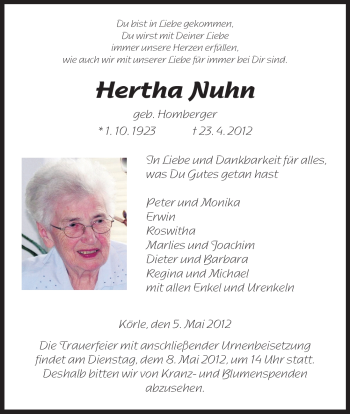 Traueranzeige von Hertha Nuhn von HNA