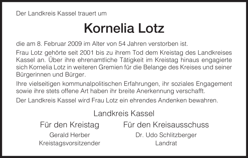  Traueranzeige für Kornelia Lotz vom 11.02.2009 aus HNA