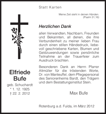 Traueranzeige von Elfriede Bufe von HNA