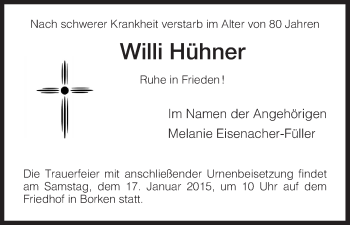 Traueranzeige von Willi Hühner von HNA