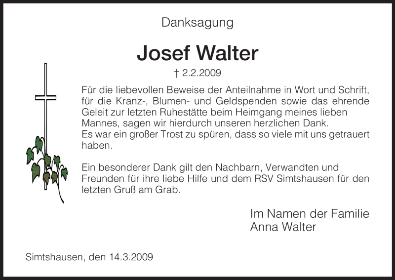  Traueranzeige für Josef Walter vom 14.03.2009 aus HNA