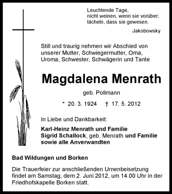 Traueranzeige von Magdalena Menrath von HNA