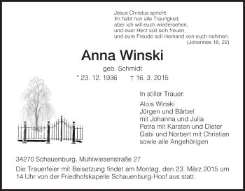 Traueranzeige von Anna Winski von HNA