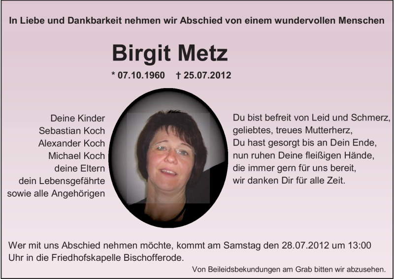  Traueranzeige für Birgit Metz vom 27.07.2012 aus HNA