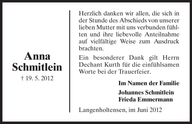  Traueranzeige für Anna Schmitlein vom 12.06.2012 aus HNA