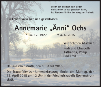 Traueranzeige von Annemarie Ochs von HNA