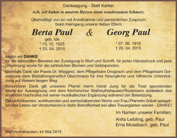 Traueranzeige von Berta und Georg Paul von HNA