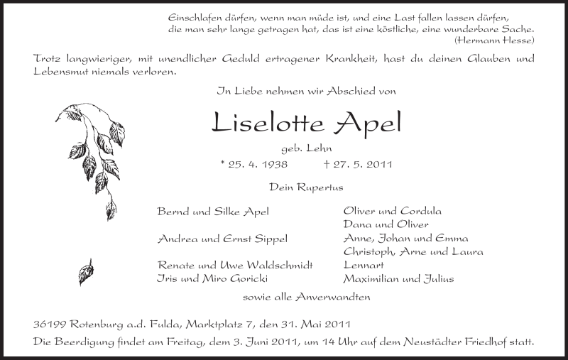  Traueranzeige für Liselotte Apel vom 31.05.2011 aus HNA