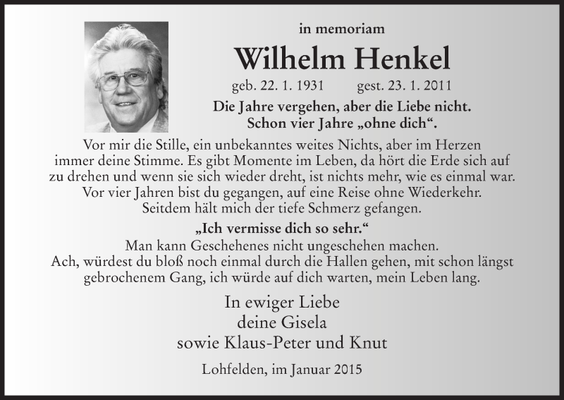 Traueranzeige für Wilhelm Henkel vom 23.01.2015 aus HNA