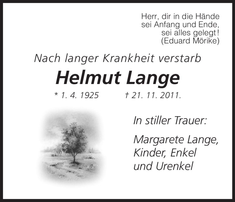 Traueranzeige für Helmut Lange vom 03.12.2011 aus HNA