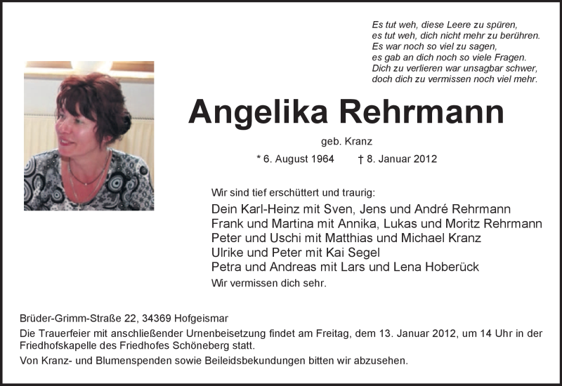  Traueranzeige für Angelika Rehrmann vom 11.01.2012 aus HNA