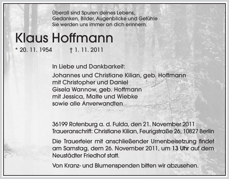  Traueranzeige für Klaus Hoffmann vom 21.11.2011 aus HNA