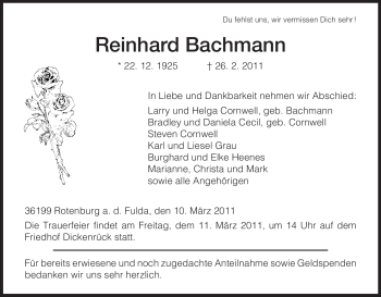Traueranzeige von Reinhard Bachmann von HNA