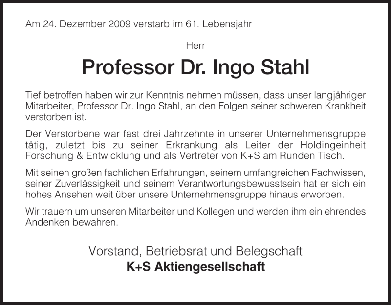  Traueranzeige für Ingo Stahl vom 29.12.2009 aus HNA