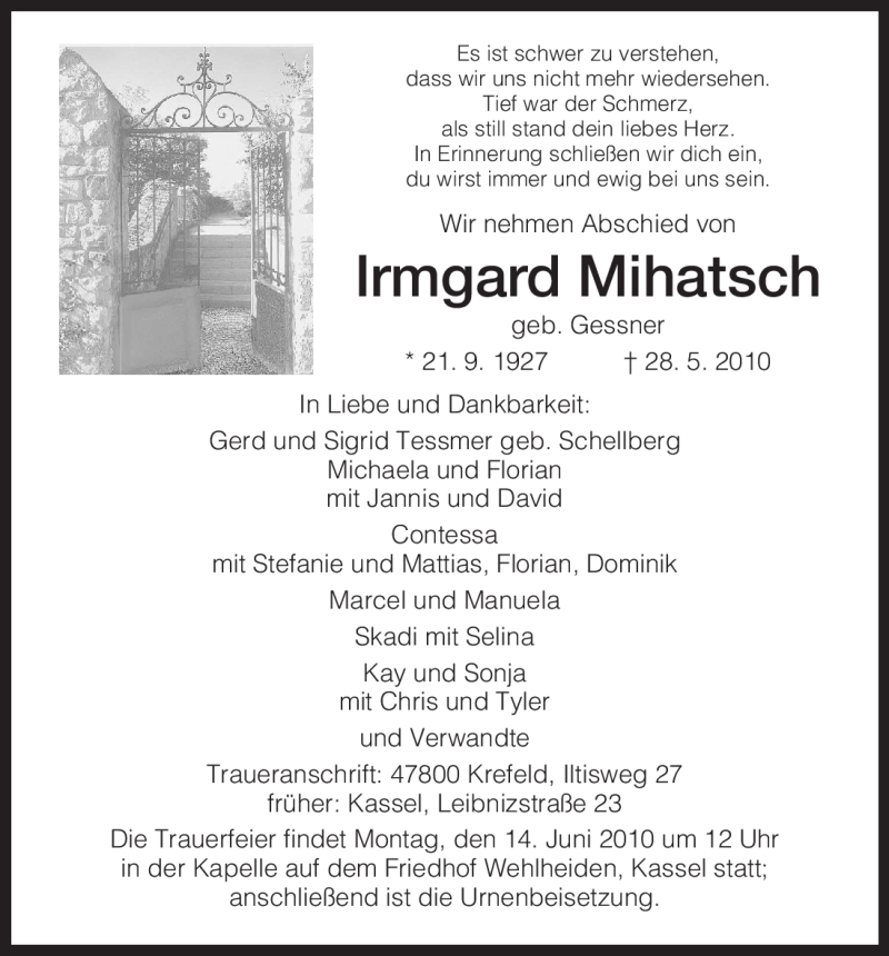  Traueranzeige für Irmgard Mihatsch vom 09.06.2010 aus HNA