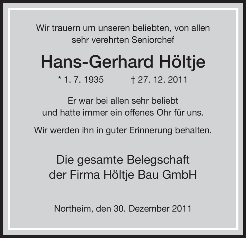  Traueranzeige für Hans-Gerhard Höltje vom 30.12.2011 aus HNA