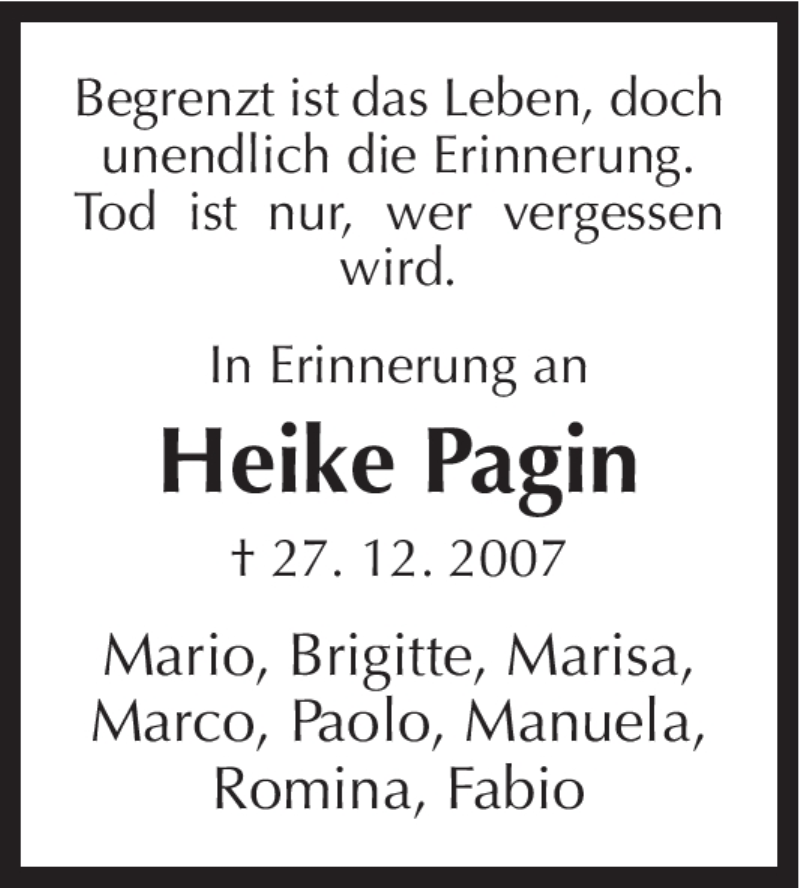  Traueranzeige für Heike Pagin vom 27.12.2008 aus HNA