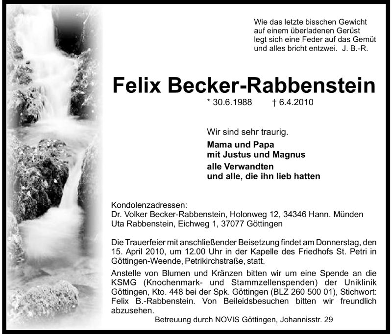  Traueranzeige für Felix Becker-Rabbenstein vom 10.04.2010 aus HNA