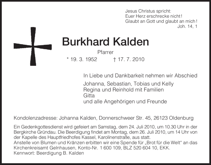  Traueranzeige für Burkhard Kalden vom 21.07.2010 aus HNA