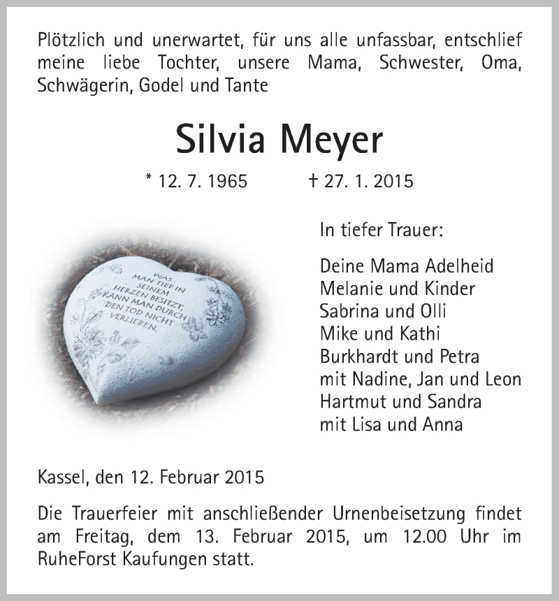  Traueranzeige für Silvia Meyer vom 12.02.2015 aus HNA