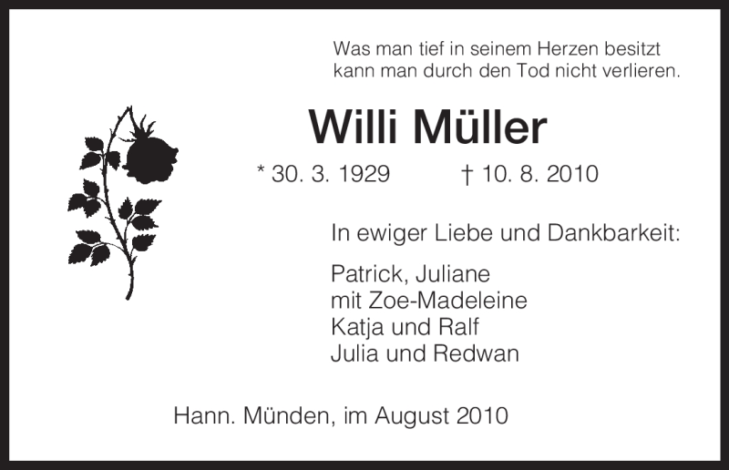  Traueranzeige für Willi Müller vom 14.08.2010 aus HNA