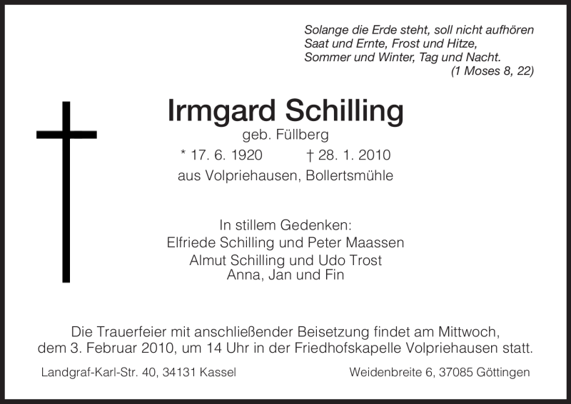  Traueranzeige für Irmgard Schilling vom 01.02.2010 aus HNA