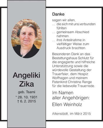 Traueranzeige von Angeliki Zika von HNA