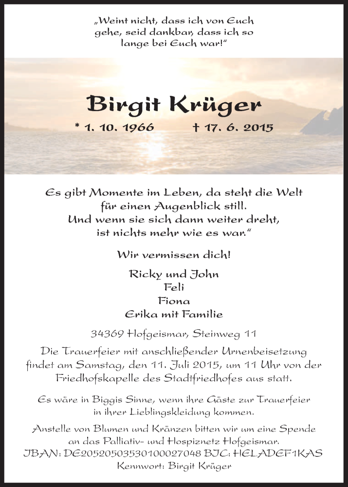  Traueranzeige für Birgit Krüger vom 08.07.2015 aus HNA