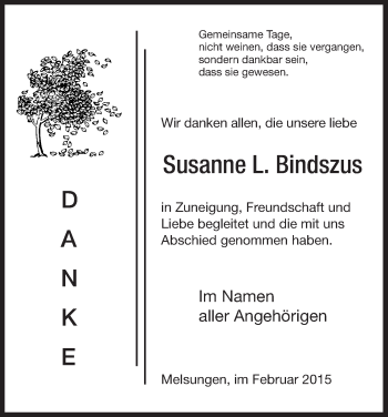 Traueranzeige von Susanne Bindszus von HNA