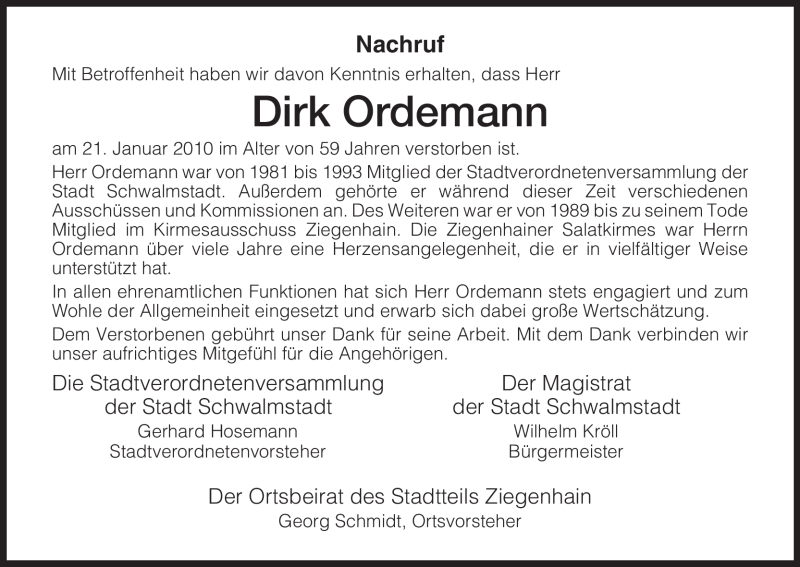  Traueranzeige für Dirk Ordemann vom 25.01.2010 aus HNA