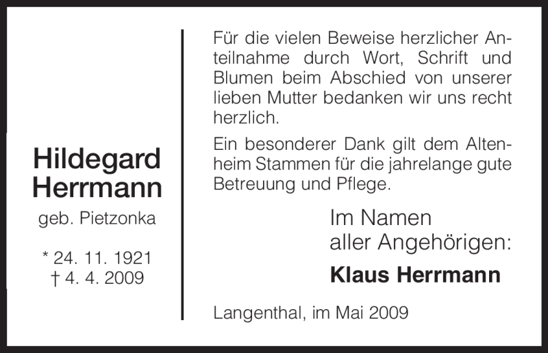 Traueranzeige für Hildegard Herrmann vom 01.05.2009 aus HNA