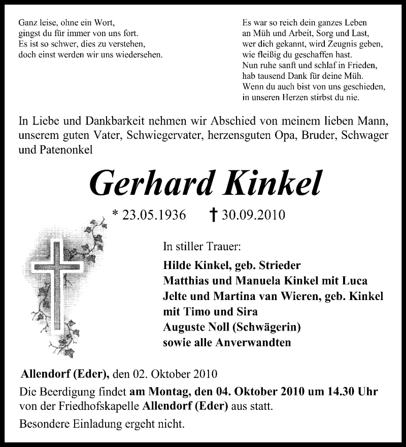 Traueranzeigen von Gerhard Kinkel | Trauer.HNA.de