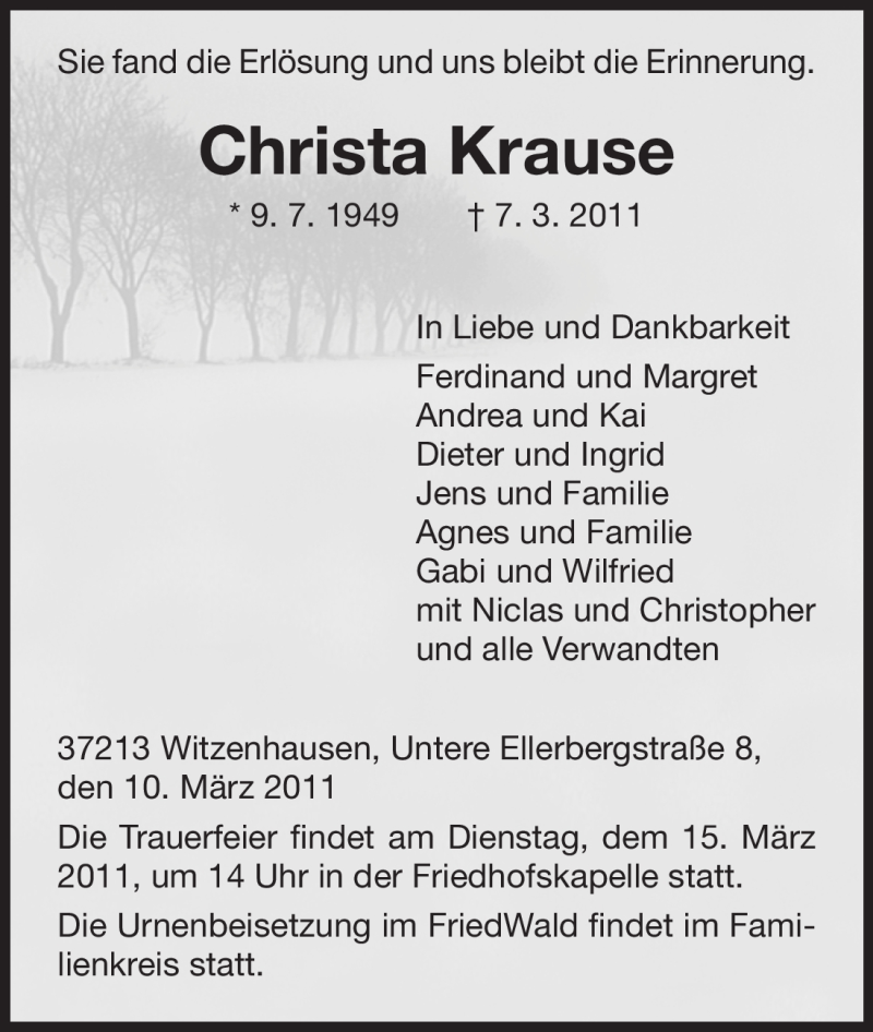  Traueranzeige für Christa Krause vom 10.03.2011 aus HNA