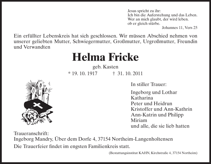  Traueranzeige für Helma Fricke vom 02.11.2011 aus HNA