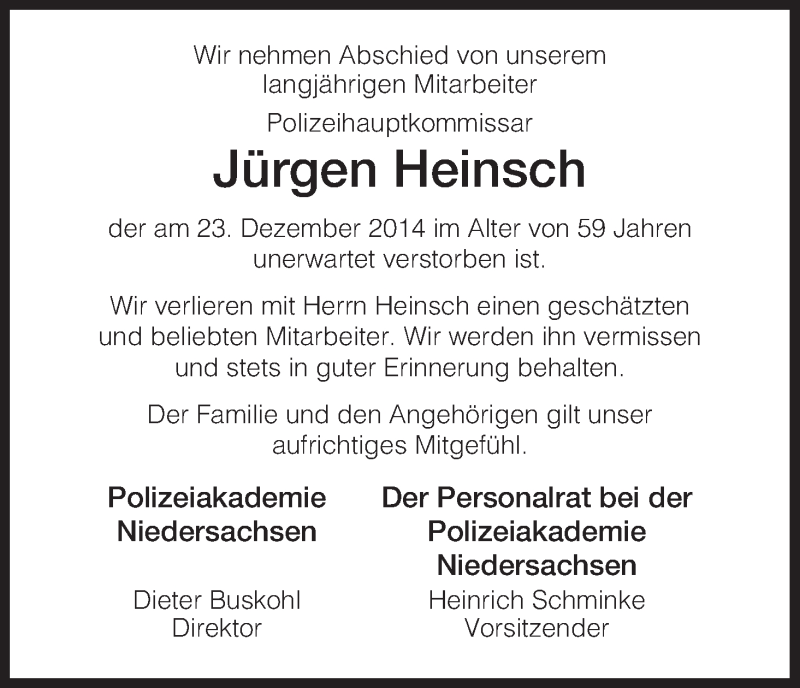  Traueranzeige für Jürgen Heinsch vom 07.01.2015 aus HNA