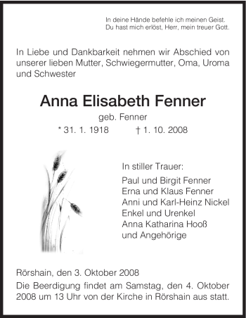 Traueranzeige von Anna Elisabeth Fenner von HNA