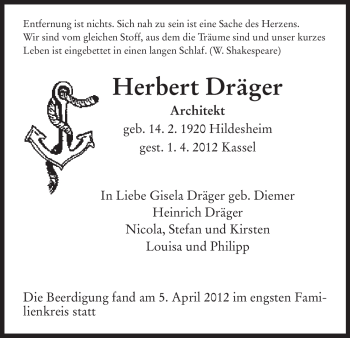 Traueranzeige von Herbert Dräger von HNA