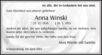 Traueranzeige von Anna Winski von HNA