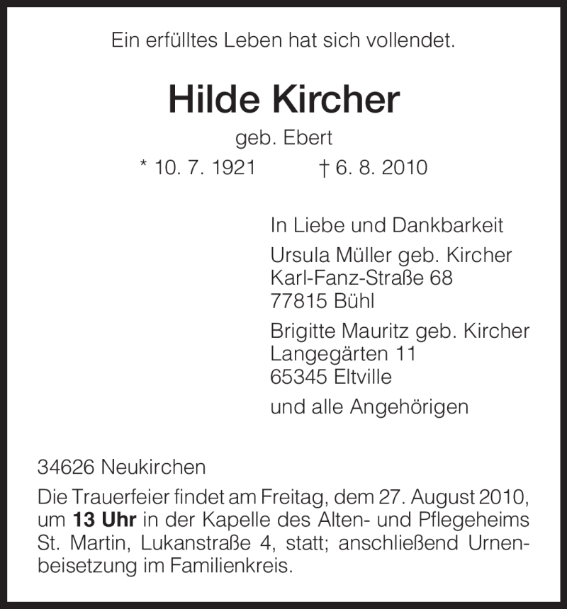  Traueranzeige für Hilde Kircher vom 25.08.2010 aus HNA