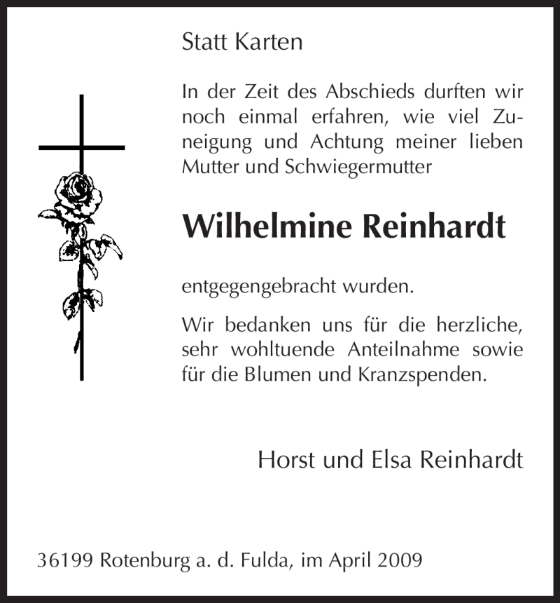  Traueranzeige für Wilhelmine Reinhardt vom 11.04.2009 aus HNA