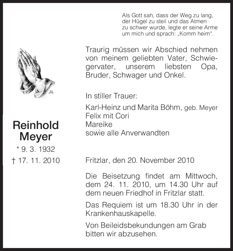  Traueranzeige für Reinhold Meyer vom 23.11.2010 aus HNA
