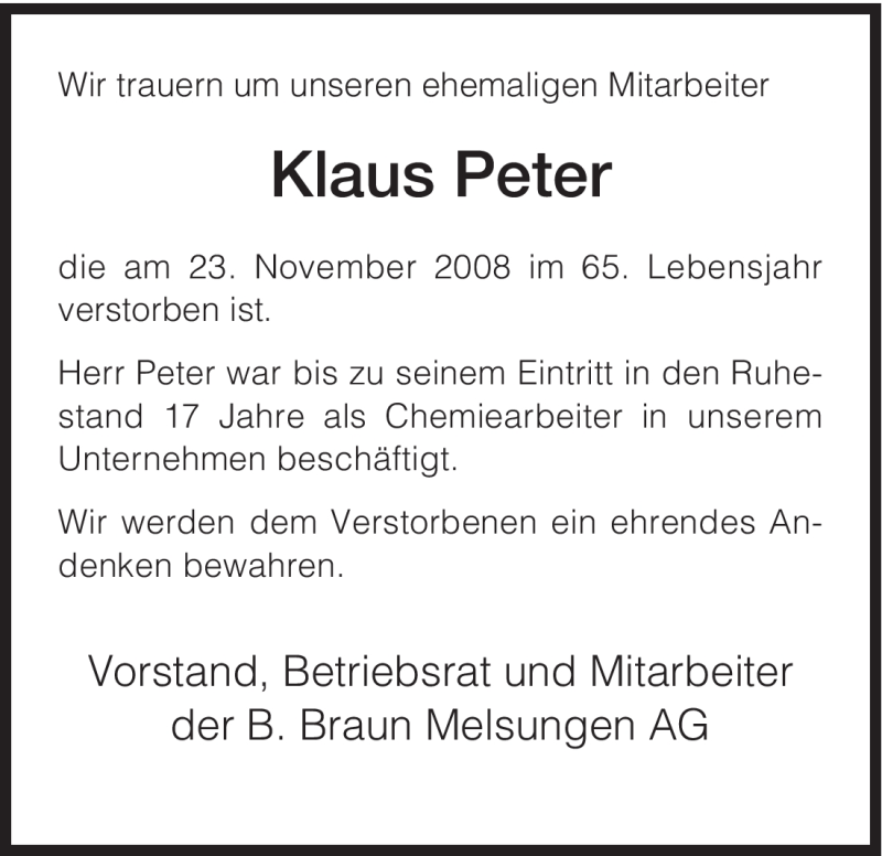 Traueranzeigen Von Klaus Peter | Trauer.HNA.de