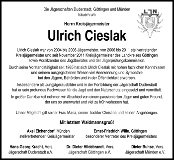 Traueranzeige von Ulrich Cieslak von HNA